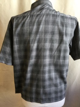 HAGGAR, Heather Gray, Black, Polyester, Plaid, Collar Attached, Button Front, 1 Pocket, Short Sleeves,