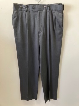 STAFFORD, Gray, Polyester, Viscose, Solid, Double Pleated, Button Tab Waist, Zip Fly, 4 Pockets, Straight Leg,