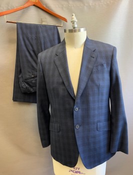 PAUL SMITH, Navy Blue, Wool, Plaid - Tattersall, Single Breasted, Notched Lapel with Hand Picked Stitching, 2 Buttons, 3 Pockets