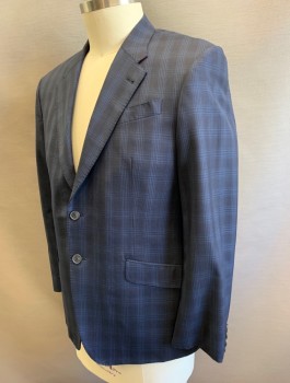 PAUL SMITH, Navy Blue, Wool, Plaid - Tattersall, Single Breasted, Notched Lapel with Hand Picked Stitching, 2 Buttons, 3 Pockets