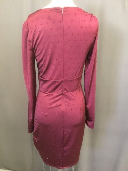 Womens, Cocktail Dress, GUESS, Wine Red, Polyester, Spandex, Solid, S, Cross Over Bust, Long Sleeves, Faux Wrap with Rouching and Ruffle, Red Beading