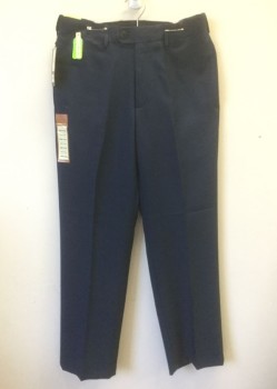 HAGGAR, Navy Blue, Polyester, Solid, Flat Front, Button Tab Waist, Straight Leg, Zip Fly, 4 Pockets