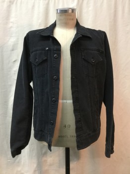 Mens, Jean Jacket, GUESS, Faded Black, Cotton, Solid, L, Button Front, Collar Attached, 4 Pockets,