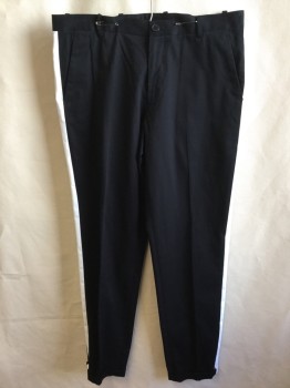 Mens, Casual Pants, INC, White, Cotton, Elastane, Solid, 32/29, Black with 1" White Side Stripe, 1.5" Waistband with Belt Hoops, Flat Front, Zip Front, 4 Pockets, Cuff Hem