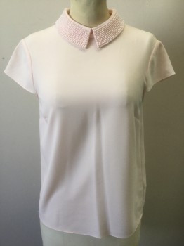 TED BAKER, Lt Pink, Polyester, Elastane, Solid, Light Pink Crepe, Cap Sleeve, Collar Attached Covered in Light Pink Pearls, 1 Button at Center Back Neck