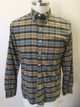 BROOKS BROTHERS, Gray, Dk Brown, Beige, White, Cotton, Plaid, Long Sleeve Button Front, Collar Attached, Button Down Collar, 1 Pocket