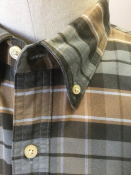 Mens, Casual Shirt, BROOKS BROTHERS, Gray, Dk Brown, Beige, White, Cotton, Plaid, L, Long Sleeve Button Front, Collar Attached, Button Down Collar, 1 Pocket