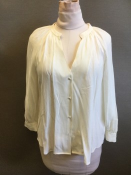 FRAME, Off White, Silk, Solid, Self Fabric Covered Button Front, V-neck, Stand Collar, Raglan Long Cuffed Sleeve, Gathered at Collar