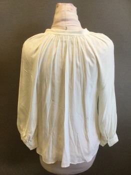 FRAME, Off White, Silk, Solid, Self Fabric Covered Button Front, V-neck, Stand Collar, Raglan Long Cuffed Sleeve, Gathered at Collar