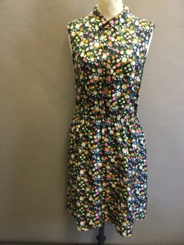Womens, Dress, Sleeveless, TORY BURCH, Black, Pink, Green, Lt Pink, Silk, Floral, 6, Black with Floral Print, 1/2 Button Front with Hidden Placket, Collar Attached, Sleeveless, Elastic Waist, Knee Length