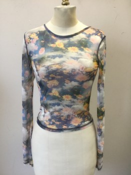 Womens, Top, URBAN OUTFITTERS , Multi-color, Polyester, Spandex, Floral, Novelty Pattern, S, Photorealistic Sunflowers on Clouds Background, See-Through Mesh, Long Sleeves, Round Neck, Navy Overlocked Seams, Retro 90's Look