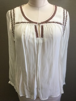 VELVET, White, Maroon Red, Silver, Gray, Silk, Beaded, Solid, Geometric, White with Maroon and Gray Zig Zagged Embroidery and Silver Seed Beads at Scoop Neck, Chest Yoke, and Shoulders, Long Sleeves, 1 Button at Center Front with Keyhole Detail