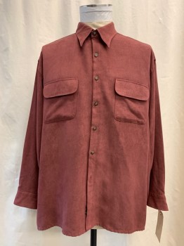 VAN HEUSEN, Red Burgundy, Polyester, Solid, Button Front, Collar Attached, Long Sleeves, 2 Flap Pockets, Faux Suede,