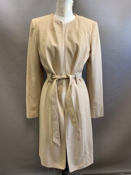 CALVIN KLEIN, Khaki Brown, Polyester, Rayon, 2 Piece with Belt, Open Front, Long Sleeves, Long Line