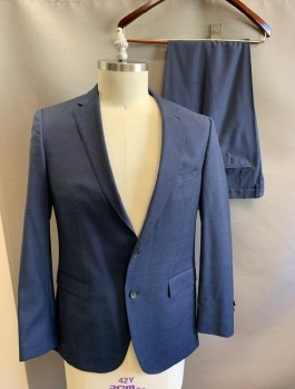 HUGO BOSS, Navy Blue, Wool, Solid, Self Crosshatched Texture, Single Breasted, Hand Picked Stitching at Lapel, 2 Buttons, 3 Pockets