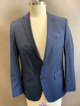 HUGO BOSS, Navy Blue, Wool, Solid, Self Crosshatched Texture, Single Breasted, Hand Picked Stitching at Lapel, 2 Buttons, 3 Pockets