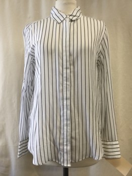 BANANA REPUBLIC, White, Black, Lyocell, Stripes - Vertical , Button Front, Collar Attached, Long Sleeves,
