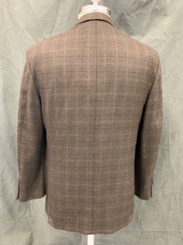 PRONTO UOMO, Brown, Lt Brown, Black, Wool, Tweed, Grid , Single Breasted, Collar Attached, Notched Lapel, 2 Buttons,  3 Pockets