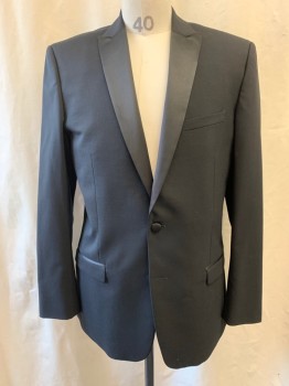 MOSS BROS, Black, Wool, Polyester, Tux Blazer, Peaked Lapel, Satin Lapel, Single Breasted, Button Front, 2 Buttons (Missing 1 Button), 3 Pockets