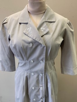 PRIMA, Gray, Poly/Cotton, Solid, Twill, 3/4 Sleeves, Double Breasted Button Front, Notch Collar with Self Floral Embroidery, 2.5" Wide Yoke at Waist with Pleats, Knee Length