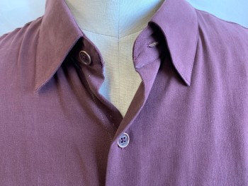 Mens, Casual Shirt, NAT NAST, Maroon Red, Silk, Cotton, Solid, XL, Faded Maroon, Collar Attached, Brass Button Front, Short Sleeves,