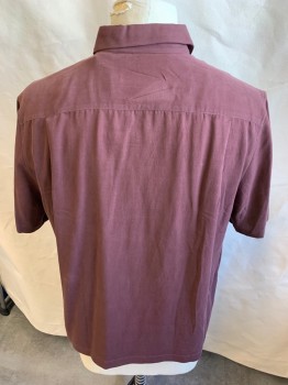 Mens, Casual Shirt, NAT NAST, Maroon Red, Silk, Cotton, Solid, XL, Faded Maroon, Collar Attached, Brass Button Front, Short Sleeves,