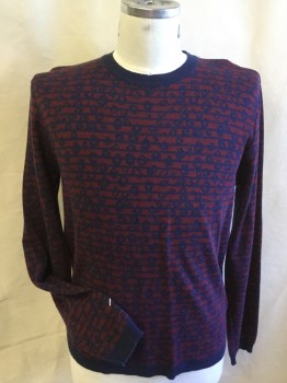TOPMAN, Navy Blue, Dk Red, Cotton, Acrylic, Abstract , Navy Ribbed Knit Crew Neck, Long Sleeves Cuffs & Hem