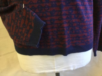 TOPMAN, Navy Blue, Dk Red, Cotton, Acrylic, Abstract , Navy Ribbed Knit Crew Neck, Long Sleeves Cuffs & Hem