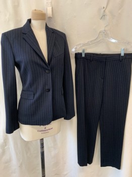 Womens, Suit, Jacket, THEORY, Navy Blue, Ecru, Viscose, Elastane, Stripes - Vertical , 0, Notched Lapel, Single Breasted, Button Front, 2 Buttons, 3 Pockets, Single Back Vent