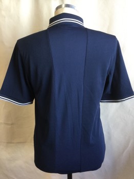 HAGGAR, Navy Blue, White, Gray, Polyester, Solid, (MULTIPLE)  White/navy/gray Stripes on Collar Attached and Short Sleeves Trim, 2 Button Front,