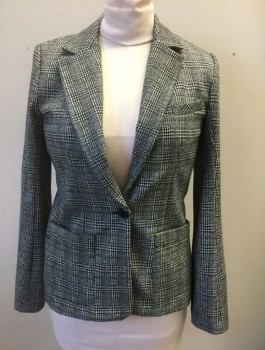 Womens, Blazer, BAILEY 44, Black, White, Rayon, Polyester, Houndstooth, Glen Plaid, Sz.6, 1 Button, Notched Lapel, 3 Pockets Including 2 Large Patch Pockets at Hips, Solid Gray Lining