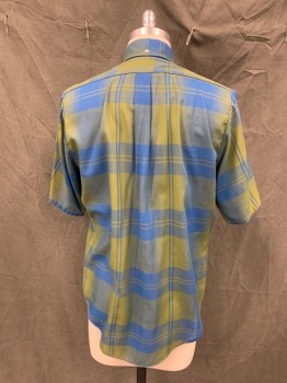 TOWNCRAFT, Blue, Dk Olive Grn, Cotton, Plaid, Button Front, Collar Attached, Button Down Collar, 1 Pocket, Short Sleeves,