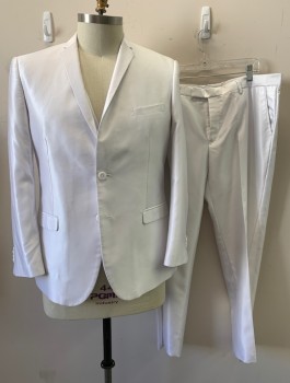 Mens, Suit, Jacket, TAZIO, White, Polyester, Solid, 36/29, 44R, Narrow Notched Lapel, 2 Buttons, 3 Pockets, Shiny