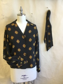 GLORIA SACHS NY, Black, Dk Red, Gold, Brown, Polyester, Medallion Pattern, 1980s 2 Pc (Blouse with Matching Neck Tie) Notched Lapel, 3 Large Flat Gold Button Front, Long Sleeves with Matching Gold on Cuff