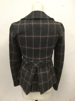 NANETTE LEPORE, Charcoal Gray, Brown, Beige, Wool, Grid , Heathered, Fuzzy Wool, Single Breasted, Collar Attached, Clover Lapel, 3 Buttons,  2 Flap Pockets with Pleats and Toggle/Loop Closure, Long Sleeves, Waist Seam, Pleated at Back Waist, Attached Self Back Belt
