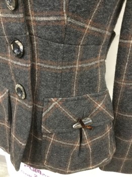 Womens, Blazer, NANETTE LEPORE, Charcoal Gray, Brown, Beige, Wool, Grid , Heathered, 0, Fuzzy Wool, Single Breasted, Collar Attached, Clover Lapel, 3 Buttons,  2 Flap Pockets with Pleats and Toggle/Loop Closure, Long Sleeves, Waist Seam, Pleated at Back Waist, Attached Self Back Belt