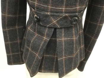 NANETTE LEPORE, Charcoal Gray, Brown, Beige, Wool, Grid , Heathered, Fuzzy Wool, Single Breasted, Collar Attached, Clover Lapel, 3 Buttons,  2 Flap Pockets with Pleats and Toggle/Loop Closure, Long Sleeves, Waist Seam, Pleated at Back Waist, Attached Self Back Belt