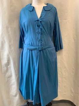 FOX38, Blue, Cotton, 2 Piece with Matching Belt, Peter Pan Collar Attached, V-neck, Small Bow on Front, Button Front & Snap Front, Long Sleeves