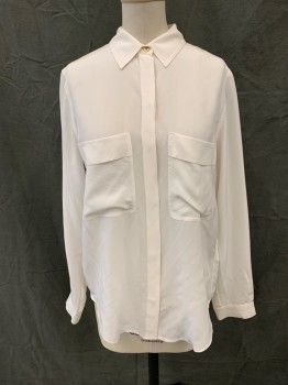 CLUB MONACO, White, Silk, Solid, Button Front, Hidden Placket, Collar Attached, Long Sleeves, Button Cuff, 2 Pockets
