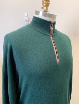 ORVIS, Forest Green, Wool, Solid, Knit, Rib Knit Stand Collar with Partial Zip at CF Neck, L/S