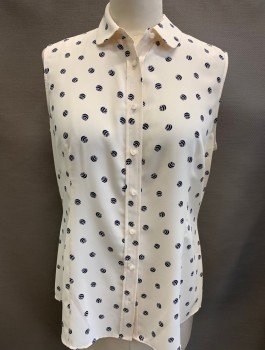 Womens, Blouse, ANNE KLEIN, Cream, Navy Blue, Polyester, Novelty Pattern, 16, Button Front, Rounded C.A., Slvlss, Yoke, Ball of Yarn Dots