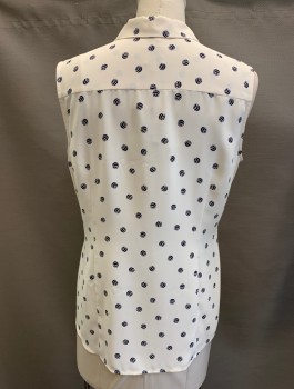 Womens, Blouse, ANNE KLEIN, Cream, Navy Blue, Polyester, Novelty Pattern, 16, Button Front, Rounded C.A., Slvlss, Yoke, Ball of Yarn Dots