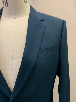 Mens, Suit, Jacket, PAUL SMITH, Teal Blue, Wool, Solid, 38R, 2 Buttons, Single Breasted, Notched Lapel, 3 Pockets