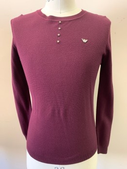 Mens, Pullover Sweater, OU & FENG HANG, Wine Red, Viscose, Nylon, Solid, L, C38, Long Sleeves, Seed Stitch Knit, 4 Tiny Buttons, Crew Neck,