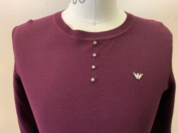 Mens, Pullover Sweater, OU & FENG HANG, Wine Red, Viscose, Nylon, Solid, L, C38, Long Sleeves, Seed Stitch Knit, 4 Tiny Buttons, Crew Neck,