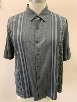 Mens, Casual Shirt, NAT NAST, Black, Dk Gray, Silk, Cotton, Stripes - Vertical , Grid , XL, Button Front, S/S, C.A., Mottled Side Panels