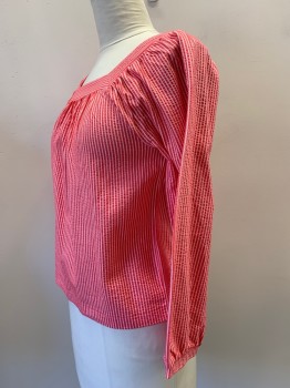 Womens, Blouse, J CREW, Hot Pink, White, Cotton, Polyester, Seersucker, M, L/S, Wide Squared Neck,