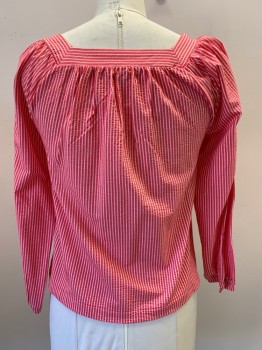 Womens, Blouse, J CREW, Hot Pink, White, Cotton, Polyester, Seersucker, M, L/S, Wide Squared Neck,