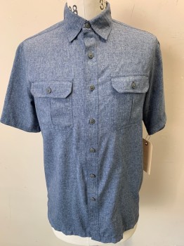 Mens, Casual Shirt, CROFT & BARROW, Blue, Lt Gray, Polyester, Heathered, S, Short Sleeves, Button Front, Collar Attached, 2 Pockets,