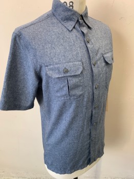 Mens, Casual Shirt, CROFT & BARROW, Blue, Lt Gray, Polyester, Heathered, S, Short Sleeves, Button Front, Collar Attached, 2 Pockets,